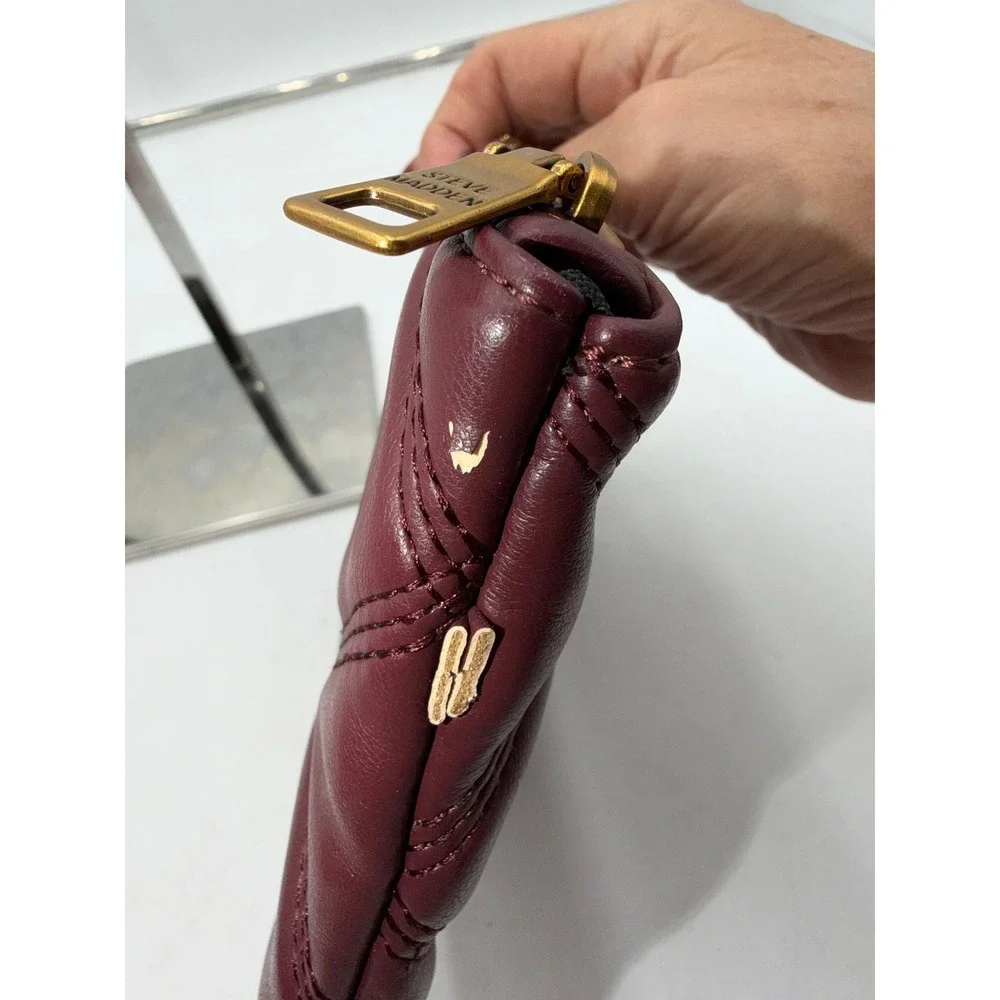 Steve Madden Burgundy Quilted Pouch Diamond Stitch Gold Hardware Clutch Bag